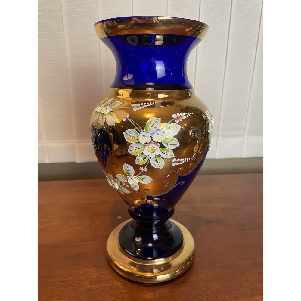 Bohemian Czech Cobalt Blue Crystal  Vase 24k Gold Enamel flowers NovoBorske Sklo